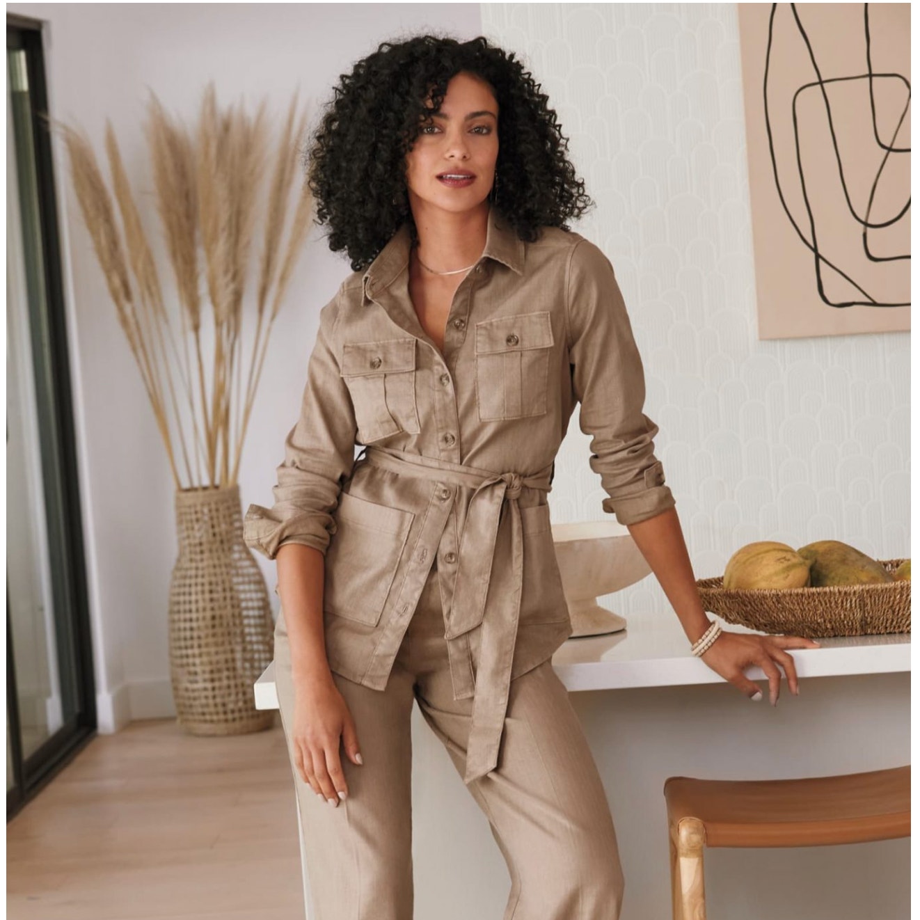 Level 99 Nwt Evereve Emme Belted Linen Blend Utility Jacket In Tan // S